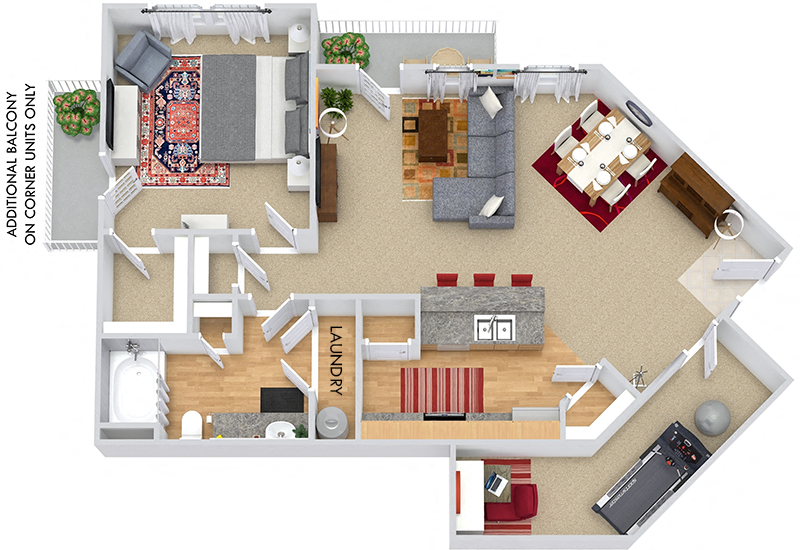 Floor plan for 1 bed, 1 bath, 950 sqft